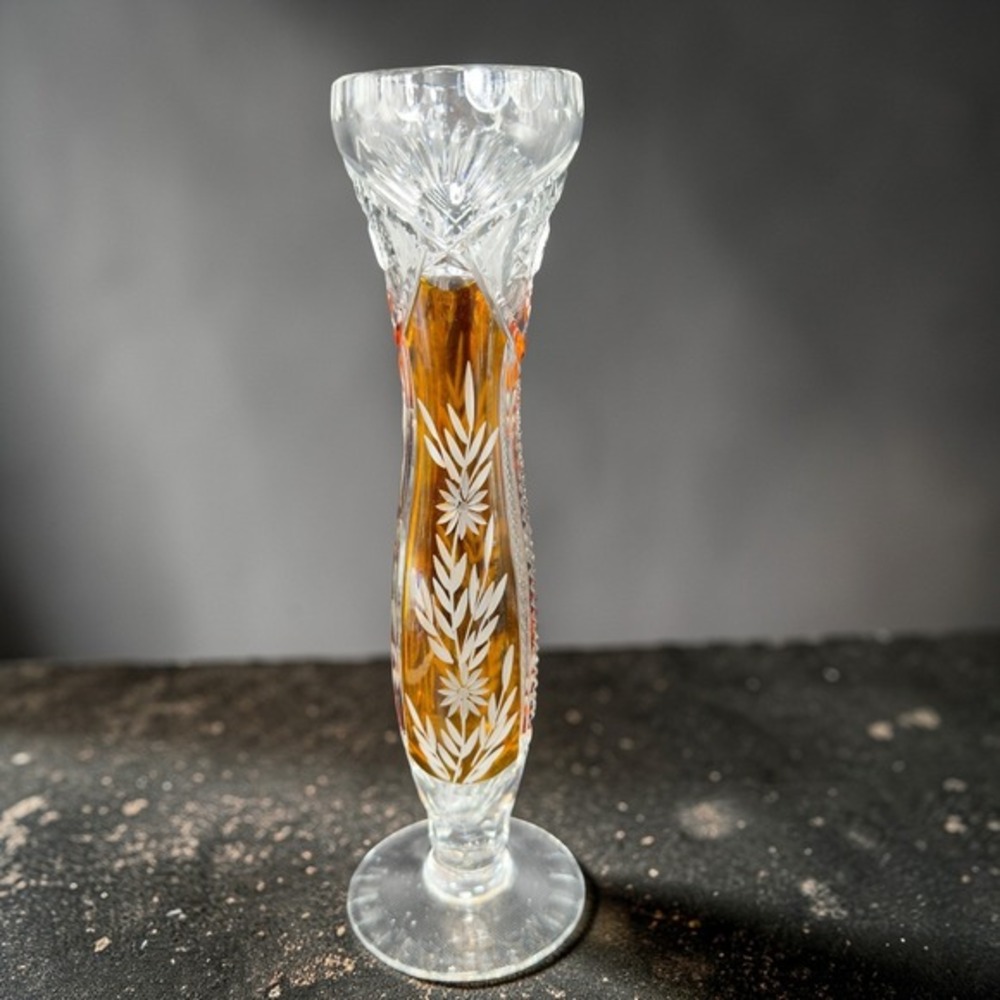 Vintage Bohemian Glass Amber‎ Cut to Clear Crystal Bud Vase Floral Wheat Pattern
